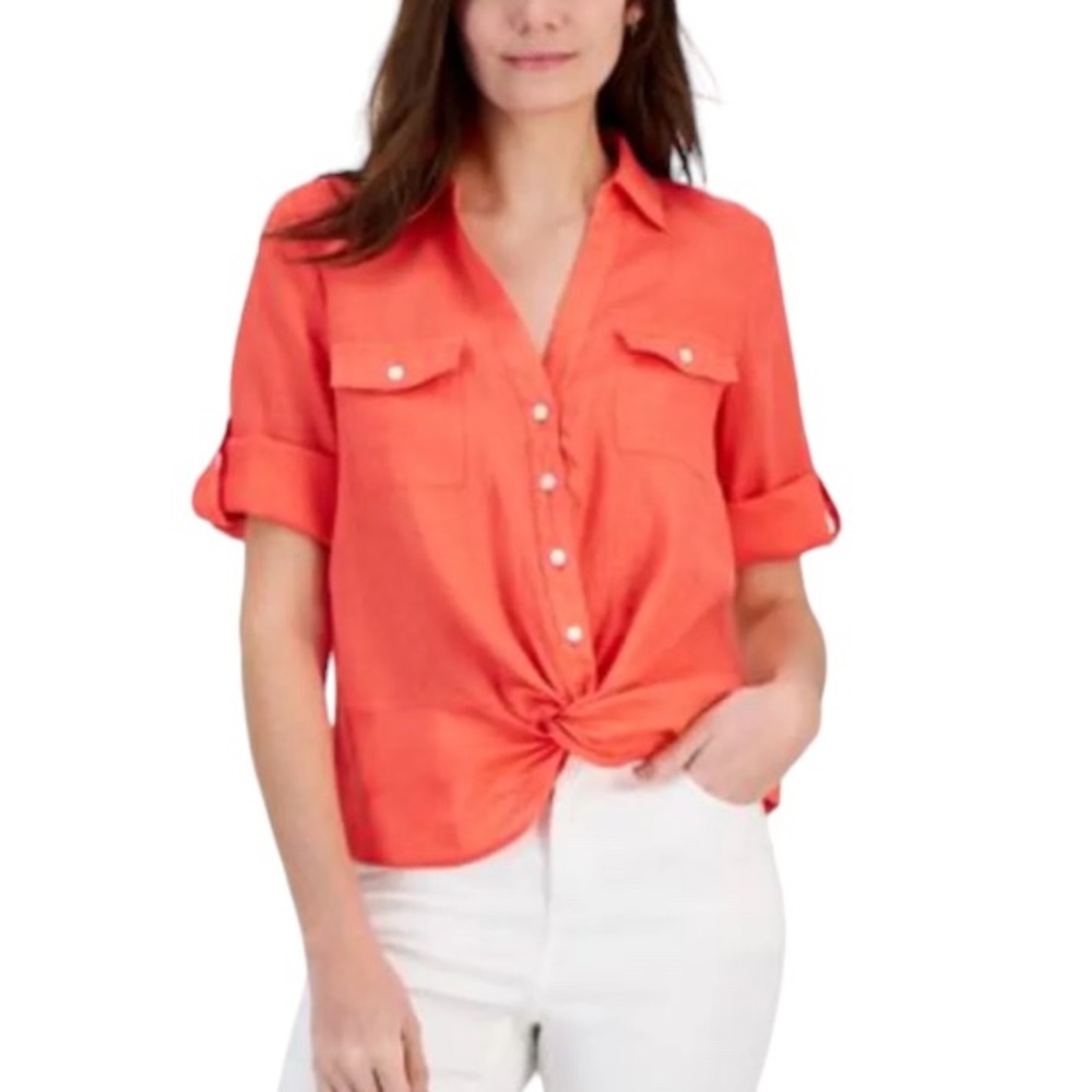 I.N.C. International Concepts Large Chilled Melon Linen Twist-Hem Blouse - NWOT